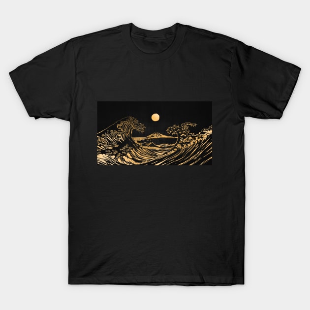 Hokusai wave gold line T-Shirt by MCAshe spiritual art 